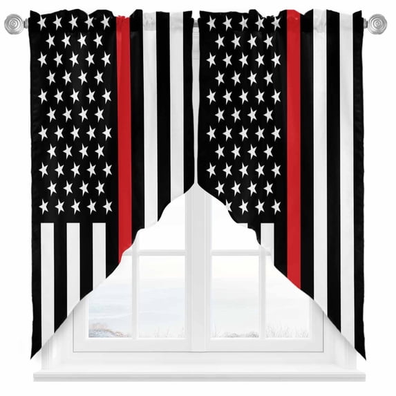 Swag Curtains Valances for Windows, Patriotic Thin Red Line Flag Short Kitchen Window Curtains Over Sink, Firefighter Cafe Curtains Panel Set Of 2,Rod Pocket, 63 Inches Length