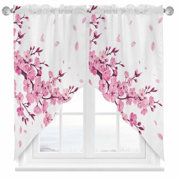 Swag Curtains Valances for Windows, Pink Floral Cherry Blossom Short Kitchen Window Curtains Over Sink, White Spring Petals Cafe Curtains Panel Set Of 2,Rod Pocket, 36 Inches Length