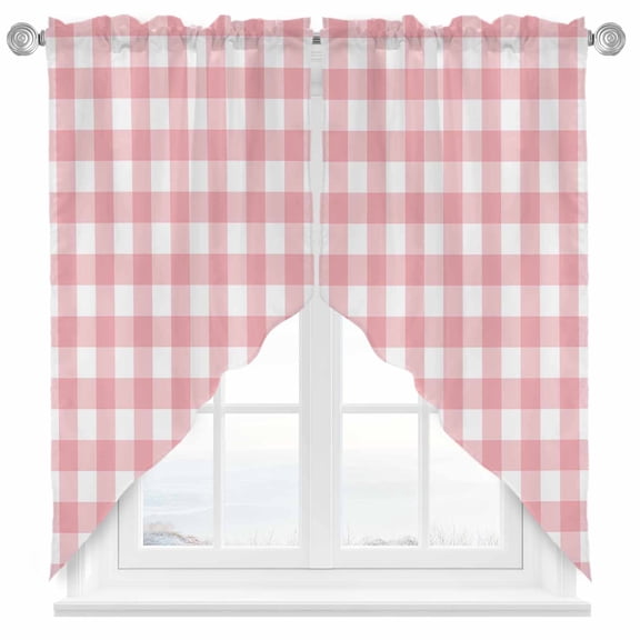 Swag Curtains Valances for Windows, Pink Gingham Buffalo Check Short Kitchen Window Curtains Over Sink, Pink White Plaid Cafe Curtains Panel Set Of 2,Rod Pocket, 63 Inches Length