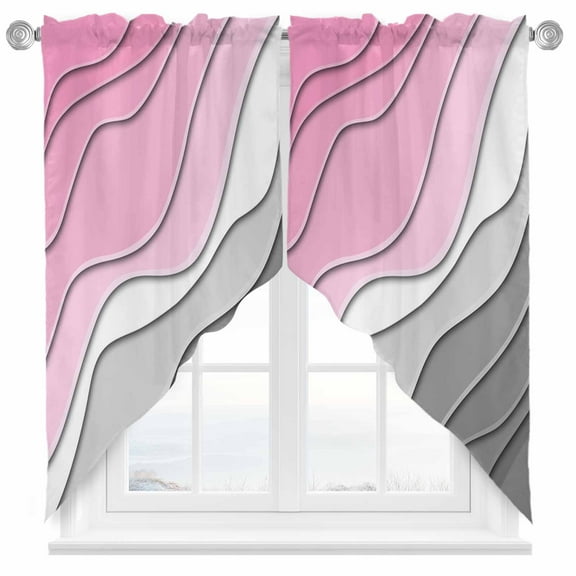 Swag Curtains Valances for Windows, Pink Gray Beach Coastal Short Kitchen Window Curtains Over Sink, Abstract Geometric Ocean Waves Cafe Curtains Panel Set Of 2,Rod Pocket, 36 Inches Length
