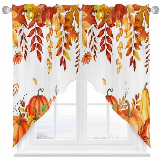 Swag Curtains Valances for Windows, Pumpkins Fall Thanksgiving Short Kitchen Window Curtains Over Sink, Orange Vintage Leaves White Cafe Curtains Panel Set Of 2,Rod Pocket, 36 Inches Length