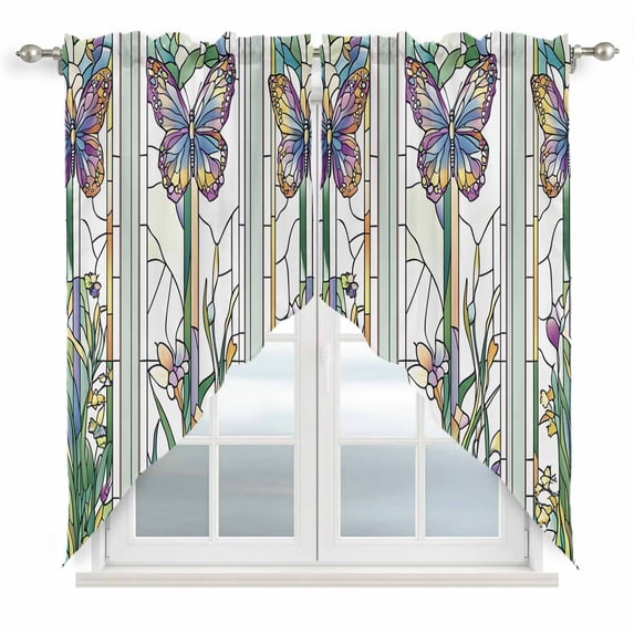 Swag Curtains Valances for Windows, Purple Butterfly Short Kitchen Window Curtains Over Sink, Window Floral Cafe Curtains Panel Set Of 2,Rod Pocket, 45 Inches Length
