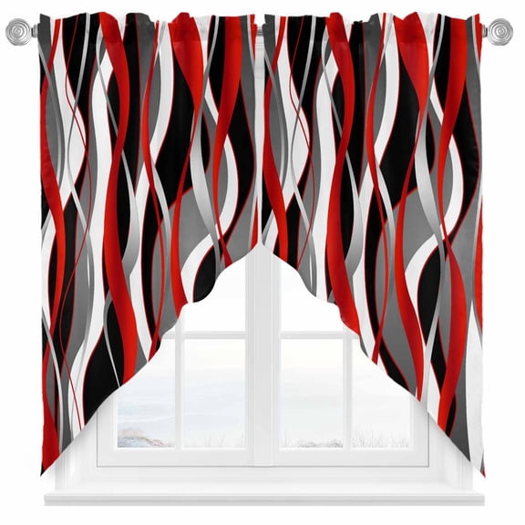 Swag Curtains Valances for Windows, Red Black Grey Abstract Stripe Short Kitchen Window Curtains Over Sink, Modern Twisted Lines Cafe Curtains Panel Set Of 2,Rod Pocket, 36 Inches Length