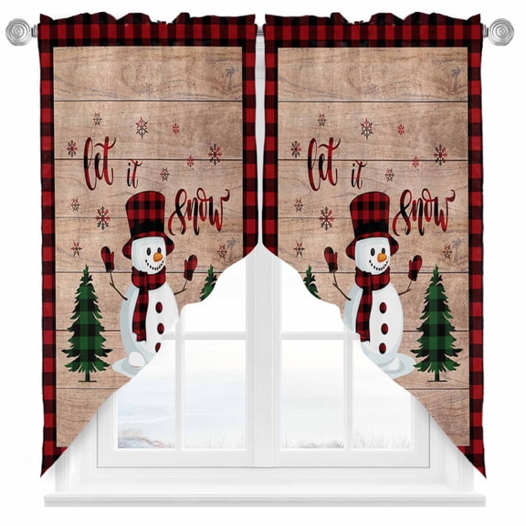 Swag Curtains Valances for Windows, Red Black Plaid Christmas Short Kitchen Window Curtains Over Sink, Snowflake Snowman Cafe Curtain Panel Set Of 2,Rod Pocket, 36 Inches Length Vintage Wood Texture