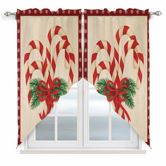 Swag Curtains Valances for Windows, Red Christmas Pattern Short Kitchen Window Curtains Over Sink, Candy Cane Bow Pine Branch Cafe Curtains Panel Set Of 2,Rod Pocket, 36 Inches Length