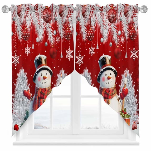 Swag Curtains Valances for Windows, Red Christmas Snowman Short Kitchen Window Curtains Over Sink, Xmas Balls Snowflakes Pine Branch Cafe Curtains Panel Set Of 2,Rod Pocket, 63 Inches Length