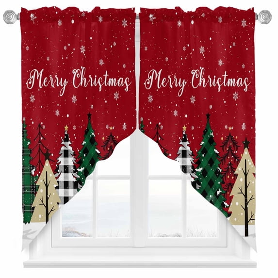 Swag Curtains Valances for Windows, Red Merry Christma Short Kitchen Window Curtains Over Sink, Farmhouse Plaid Xmas Trees Snowflakes Cafe Curtains Panel Set Of 2,Rod Pocket, 63 Inches Length