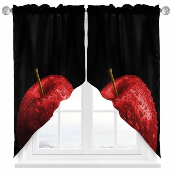 Swag Curtains Valances for Windows, Red Modern Fruit Short Kitchen Window Curtains Over Sink, Black Classic Close-up Cafe Curtains Panel Set Of 2,Rod Pocket, 45 Inches Length