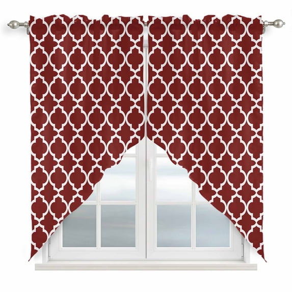 Swag Curtains Valances for Windows, Red White Geometric Short Kitchen Window Curtains Over Sink, Minimalist Morocco Pattern Cafe Curtains Panel Set Of 2,Rod Pocket, 36 Inches Length