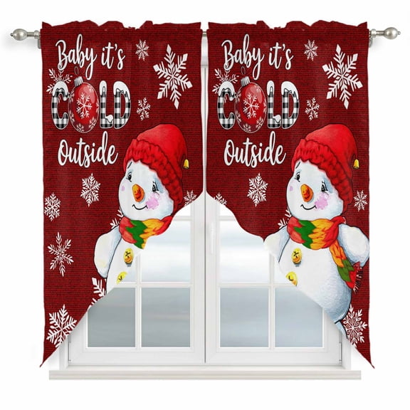 Swag Curtains Valances for Windows, Red Winter Snowman Short Kitchen Window Curtains Over Sink, Christmas Snowflake Cafe Curtains Panel Set Of 2,Rod Pocket, 36 Inches Length