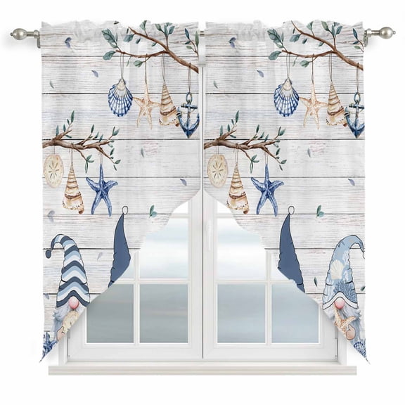 Swag Curtains Valances for Windows, Retro Coastal Short Kitchen Window Curtains Over Sink, Gnome Shell Starfish Cafe Curtains Panel Set Of 2,Rod Pocket, 45 Inches Length Blue Ivory