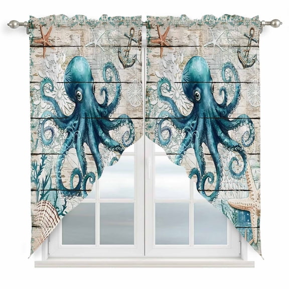 Swag Curtains Valances for Windows, Retro Coastal Short Kitchen Window Curtains Over Sink, Wood Texture Octopus Starfish Shell Cafe Curtains Panel Set Of 2,Rod Pocket, 36 Inches Length Teal