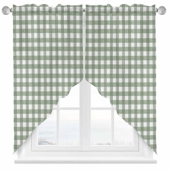 Swag Curtains Valances for Windows, Rustic Checkered Plaid Short Kitchen Window Curtains Over Sink, Sage Green Cafe Curtains Panel Set Of 2,Rod Pocket, 45 Inches Length