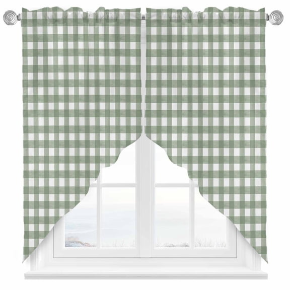 Swag Curtains Valances for Windows, Rustic Checkered Plaid Short Kitchen Window Curtains Over Sink, Sage Green Cafe Curtains Panel Set Of 2,Rod Pocket, 63 Inches Length