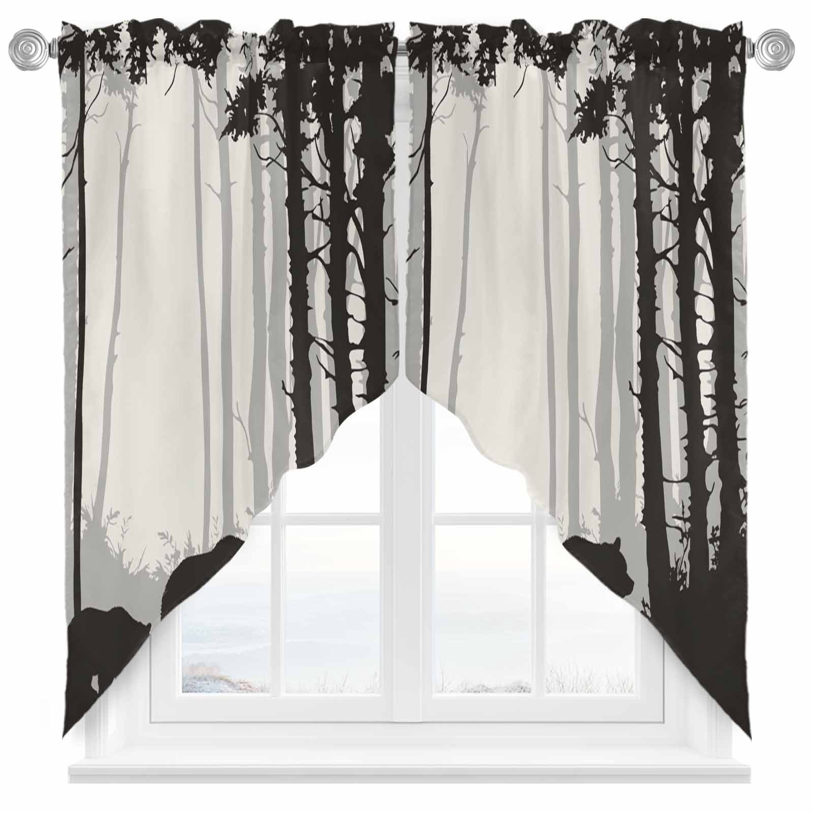Swag Curtains Valances for Windows, Rustic Forest Bear Silhouette Short