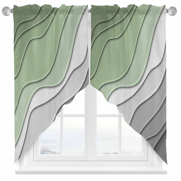 Swag Curtains Valances for Windows, Sage Green Vintage Gradient Short Kitchen Window Curtains Over Sink, Minimalist Modern Stripes Cafe Curtains Panel Set Of 2,Rod Pocket, 45 Inches Length Grey