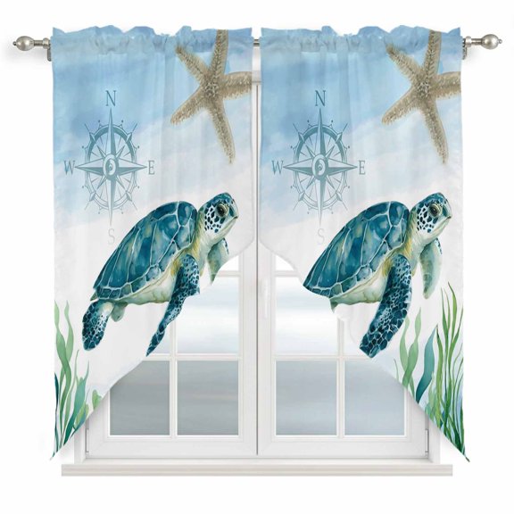 Swag Curtains Valances for Windows, Sea Turles Starfish Short Kitchen Window Curtains Over Sink, Ocean Seaweed Blue Cafe Curtains Panel Set Of 2,Rod Pocket, 36 Inches Length