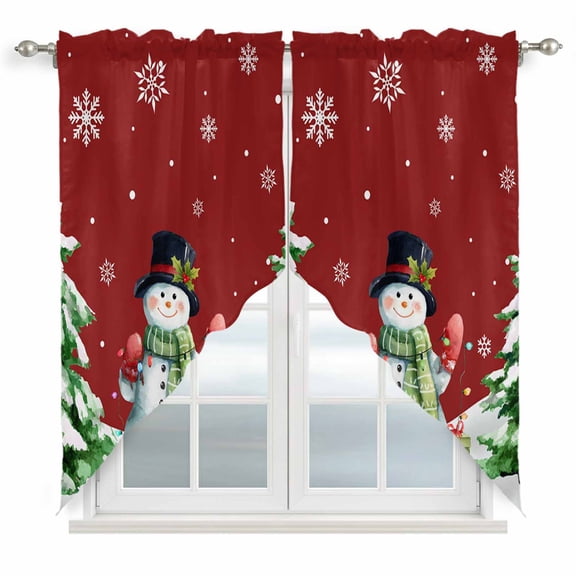Swag Curtains Valances for Windows, Snowman Merry Christmas Short Kitchen Window Curtains Over Sink, Red Cafe Curtains Panel Set Of 2,Rod Pocket, 36 Inches Length