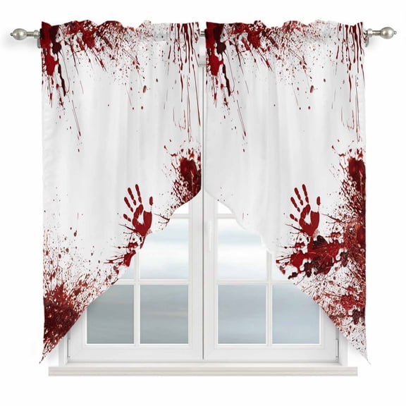 Swag Curtains Valances for Windows, Spooky Blood Hand Halloween Short Kitchen Window Curtains Over Sink, Horror Scary Zombie Themed Cafe Curtains Panel Set Of 2,Rod Pocket, 36 Inches Length
