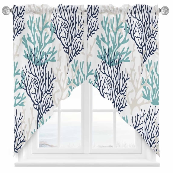 Swag Curtains Valances for Windows, Teal Blue Grey Coral Pattern Short Kitchen Window Curtains Over Sink, Tropical Ocean Summer Cafe Curtains Panel Set Of 2,Rod Pocket, 36 Inches Length