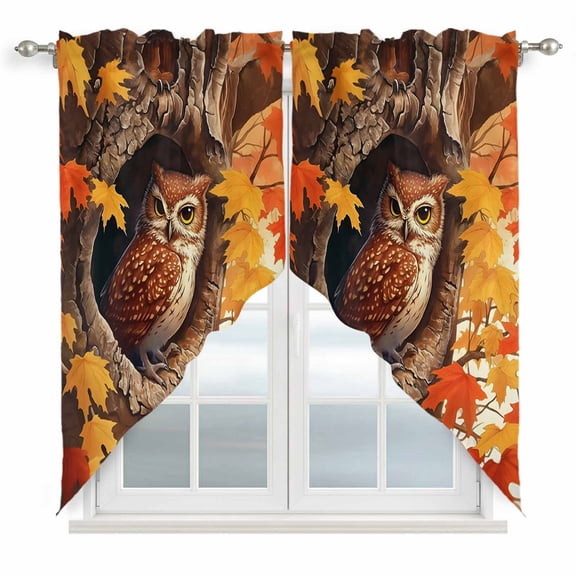 Swag Curtains Valances for Windows, Thanksgiving Autumn Short Kitchen Window Curtains Over Sink, Red Maple Leaves Owl Cafe Curtains Panel Set Of 2,Rod Pocket, 36 Inches Length Fire Orange