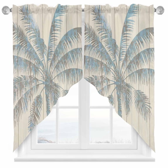 Swag Curtains Valances for Windows, Tropical Palm Trees Short Kitchen Window Curtains Over Sink, Beige Retro Rustic Wood Textured Cafe Curtains Panel Set Of 2,Rod Pocket, 63 Inches Length