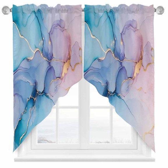 Swag Curtains Valances for Windows, Turquoise Abstract Marble Texture Short Kitchen Window Curtains Over Sink, Modern Pink Gradient Cafe Curtains Panel Set Of 2,Rod Pocket, 36 Inches Length