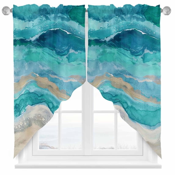 Swag Curtains Valances for Windows, Turquoise Coastal Beach Short Kitchen Window Curtains Over Sink, Abstract Teal Oceans Waves Cafe Curtains Panel Set Of 2,Rod Pocket, 63 Inches Length