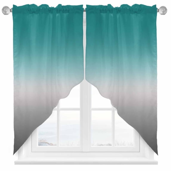 Swag Curtains Valances for Windows, Turquoise Grey White Gradient Short Kitchen Window Curtains Over Sink, Abstract Watercolor Cafe Curtains Panel Set Of 2,Rod Pocket, 63 Inches Length