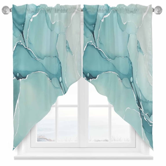 Swag Curtains Valances for Windows, Turquoise Marble Texture Short Kitchen Window Curtains Over Sink, Modern Abstract Watercolor Art Cafe Curtains Panel Set Of 2,Rod Pocket, 63 Inches Length