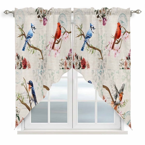 Swag Curtains Valances for Windows, Vintage Birds Flower Short Kitchen Window Curtains Over Sink, Farmhouse Spring Flower Cafe Curtains Panel Set Of 2,Rod Pocket, 36 Inches Length