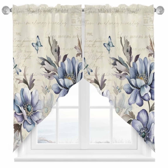 Swag Curtains Valances for Windows, Vintage Butterfly Floral Short Kitchen Window Curtains Over Sink, Blue Beige Cafe Curtains Panel Set Of 2,Rod Pocket, 63 Inches Length