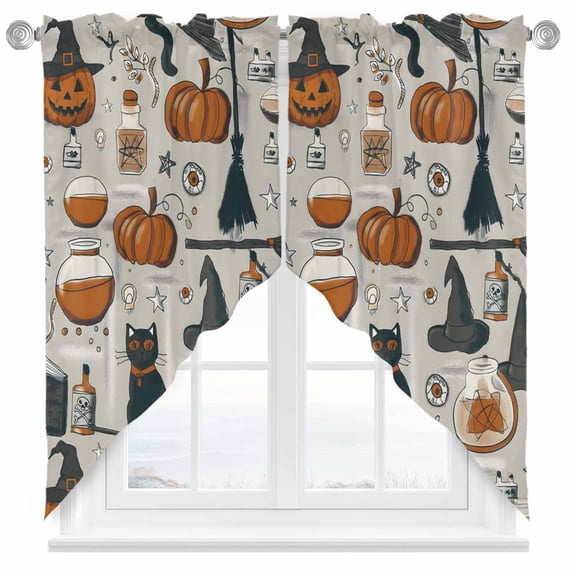 Swag Curtains Valances for Windows, Vintage Halloween Pattern Short Kitchen Window Curtains Over Sink, Pumpkin Witch Hat Black Cat Cafe Curtains Panel Set Of 2,Rod Pocket, 63 Inches Length