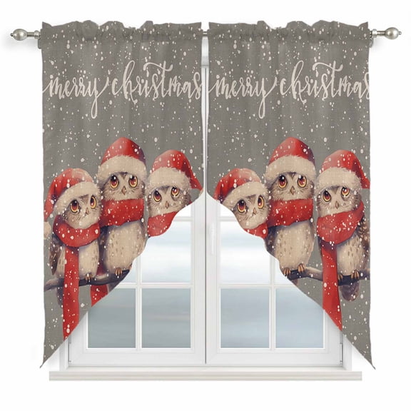 Swag Curtains Valances for Windows, Vintage Merry Christmas Short Kitchen Window Curtains Over Sink, Watercolor Snowflakes Owl Cafe Curtains Panel Set Of 2,Rod Pocket, 36 Inches Length Red White