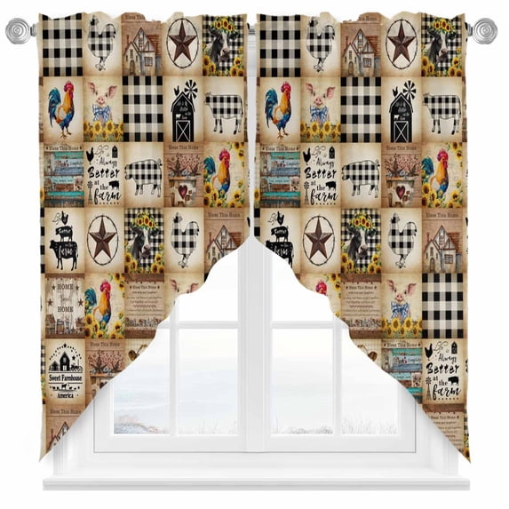 Swag Curtains Valances for Windows, Vintage Rustic Farmhouse Plaid Short Kitchen Window Curtains Over Sink, Farm Animals Barn Stars Cafe Curtains Panel Set Of 2,Rod Pocket, 36 Inches Length