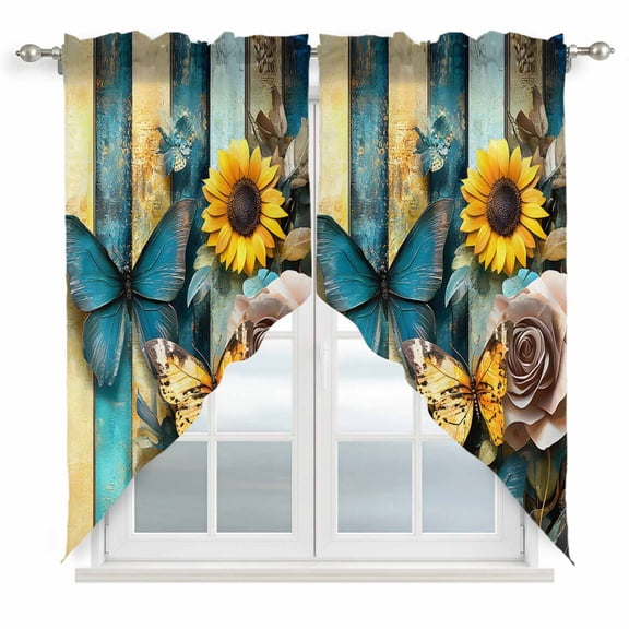 Swag Curtains Valances for Windows, Vintage Short Kitchen Window Curtains Over Sink, Butterfly Sunflower Rose Striped Cafe Curtains Panel Set Of 2,Rod Pocket, 36 Inches Length Yellow Blue