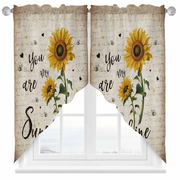 Swag Curtains Valances for Windows, Vintage Sunflowers Bee Short Kitchen Window Curtains Over Sink, You Are My Sunshine Love Quotes Cafe Curtains Panel Set Of 2,Rod Pocket, 36 Inches Length