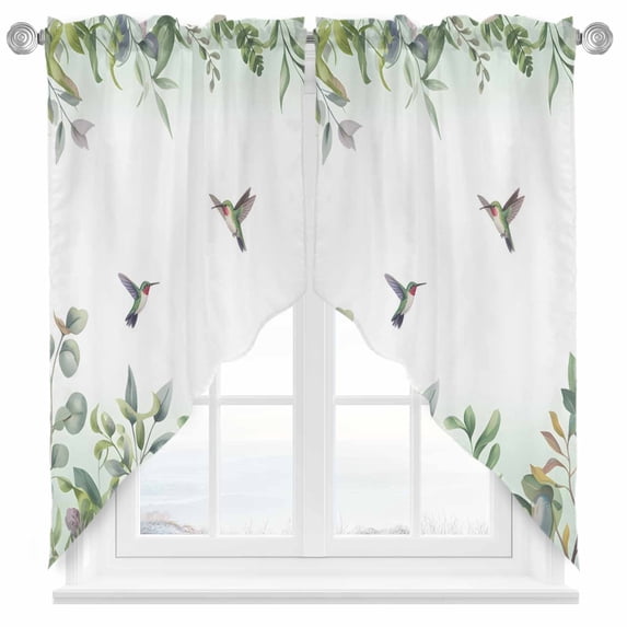 Swag Curtains Valances for Windows, Watercolor Hummingbird Leaf Short Kitchen Window Curtains Over Sink, Green White Cafe Curtains Panel Set Of 2,Rod Pocket, 36 Inches Length