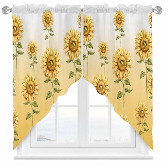 Swag Curtains Valances for Windows, Watercolor Sunflower Pattern Short Kitchen Window Curtains Over Sink, Gold Green Cafe Curtains Panel Set Of 2,Rod Pocket, 36 Inches Length