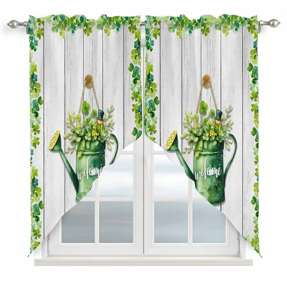 Swag Curtains Valances for Windows, Welcome St. Patrick's Day Short Kitchen Window Curtains Over Sink, Four Leaf Clovers Kettle Cafe Curtains Panel Set Of 2,Rod Pocket, 36 Inches Length Rustic Wood