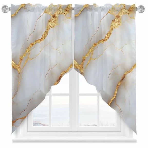 Swag Curtains Valances for Windows, White Abstract Marble Texture Short Kitchen Window Curtains Over Sink, Gold Lines Cafe Curtains Panel Set Of 2,Rod Pocket, 36 Inches Length