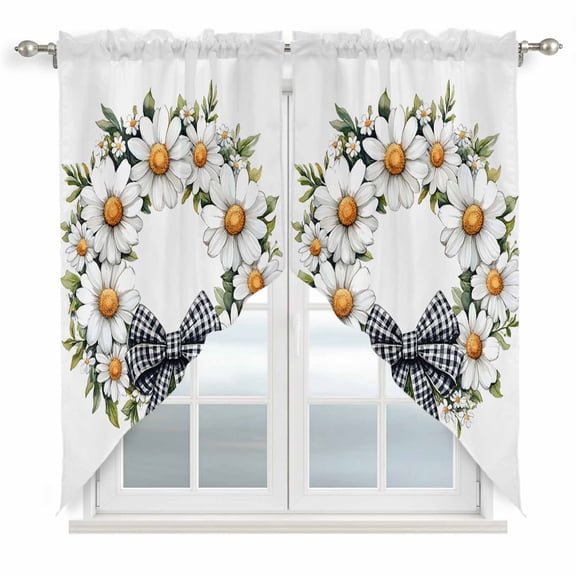 Swag Curtains Valances for Windows, White Daisy Floral Short Kitchen Window Curtains Over Sink, Rustic Farm Plaid Bow Wreath Cafe Curtains Panel Set Of 2,Rod Pocket, 36 Inches Length