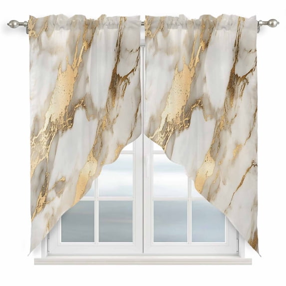 Swag Curtains Valances for Windows, White and Gold Marble Texture Short Kitchen Window Curtains Over Sink, Abstract Lines Cafe Curtains Panel Set Of 2,Rod Pocket, 45 Inches Length