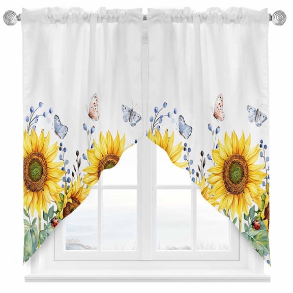 Swag Curtains Valances for Windows, Yellow Farmhouse Sunflower Short Kitchen Window Curtains Over Sink, Country Butterfly Leaf Cafe Curtains Panel Set Of 2,Rod Pocket, 36 Inches Length White