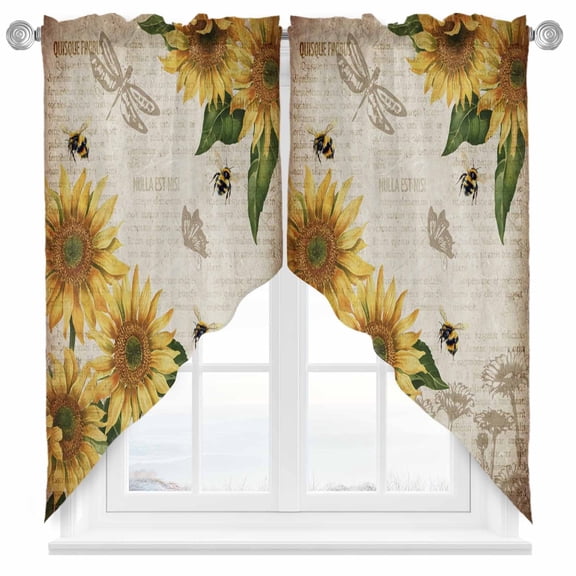 Swag Curtains Valances for Windows, Yellow Farmhouse Sunflowers Short Kitchen Window Curtains Over Sink, Leaves Bee Butterfly Cafe Curtains Panel Set Of 2,Rod Pocket, 45 Inches Length