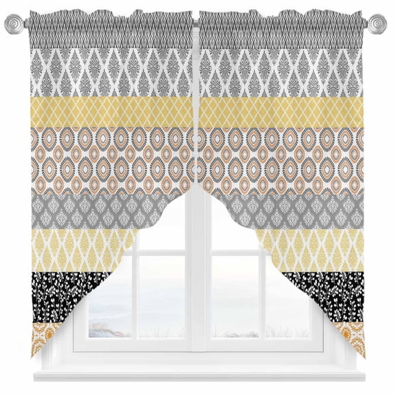 Swag Curtains Valances for Windows, Yellow Grey Boho Short Kitchen Window Curtains Over Sink, Bohemian Geometric Pattern Cafe Curtains Panel Set Of 2,Rod Pocket, 36 Inches Length