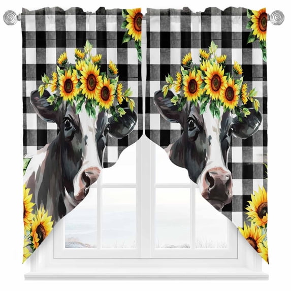 Swag Curtains Valances for Windows, Yellow Sunflower Cow Farmhouse Short Kitchen Window Curtains Over Sink, Black And White Check Plaid Cafe Curtains Panel Set Of 2,Rod Pocket, 63 Inches Length