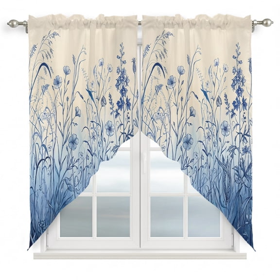 Swag Curtains, Vintage Boho Blue Wildflowers Meadow Rod Pocket Window Topper Curtains Valances for Kitchen Bedroom Living Room 2 Panel, Abstract Flower 28x36in