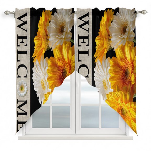 Swag Curtains, Watercolor Yellow White Floral Rod Pocket Window Topper Curtains Valances for Kitchen Bedroom Living Room 2 Panel, Vintage Welcome Quotes 28x36in