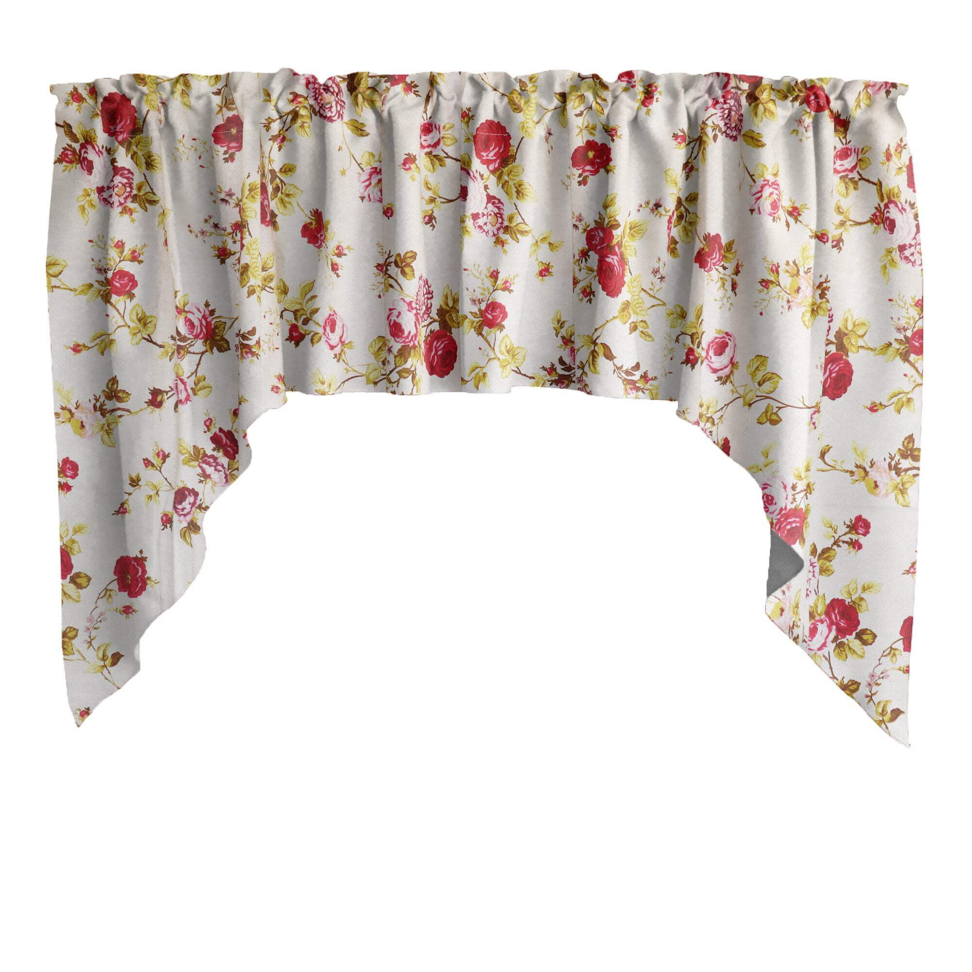 Red Floral Cotton Swag Valance with Vintage Roses Print